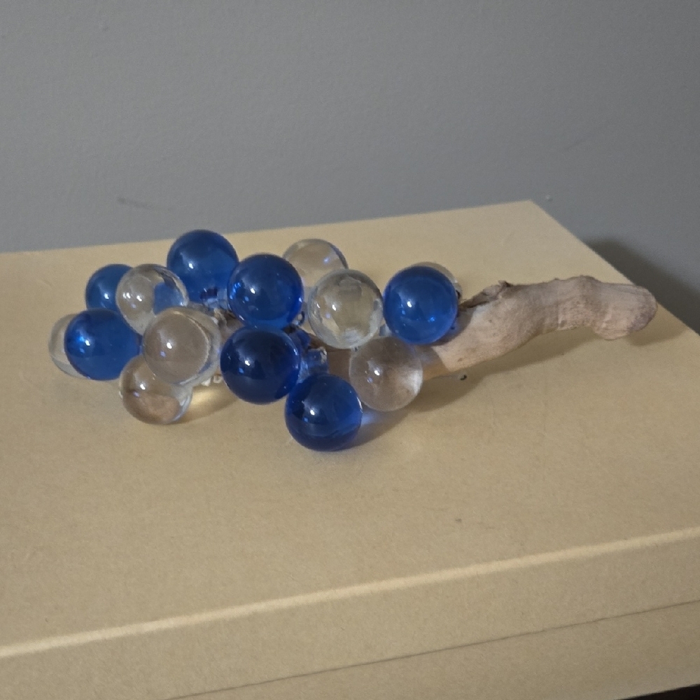 Blue and Clear Glass Grapes on Driftwood Branch 10.5 Inches Long